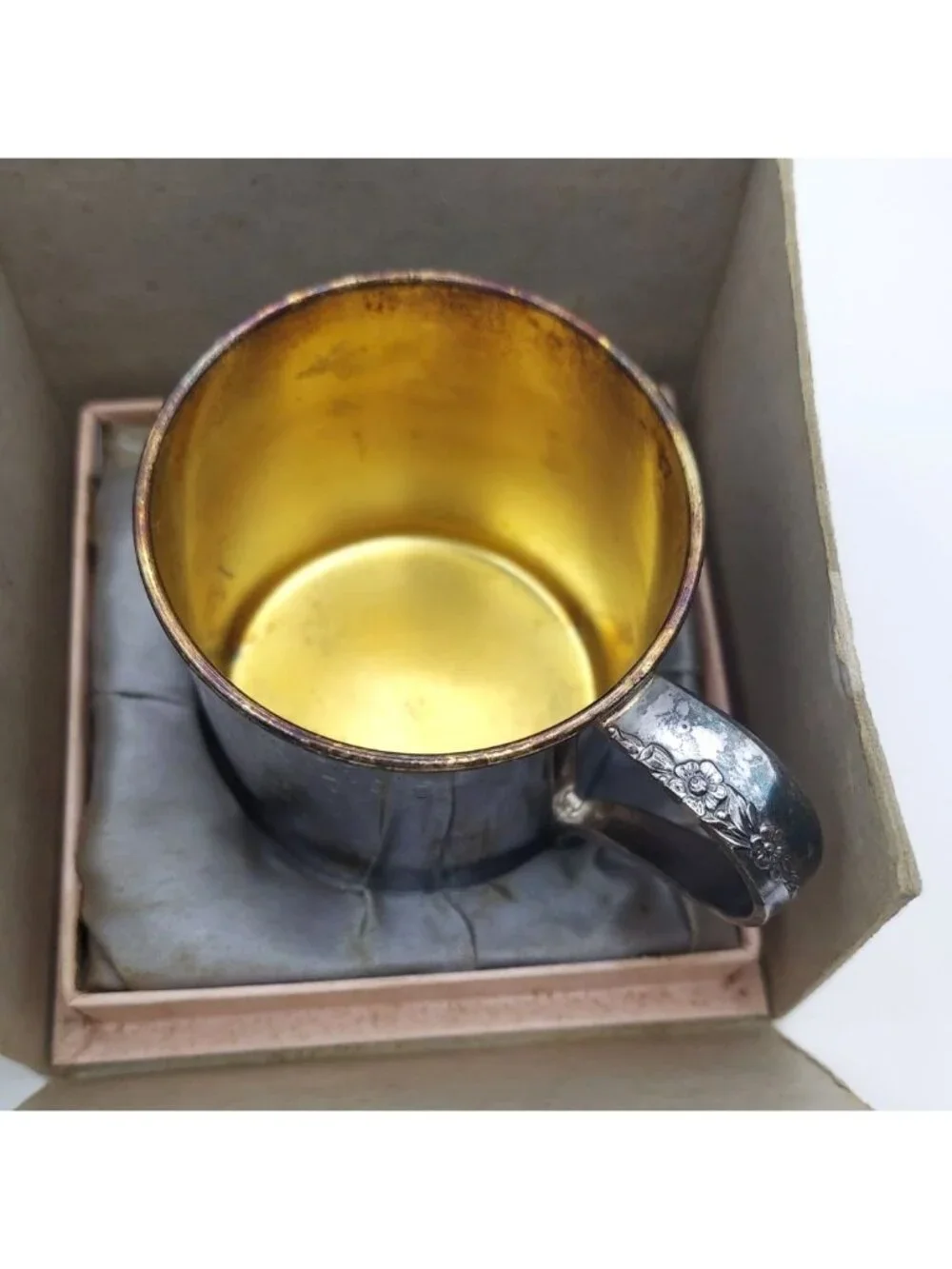 Silver Plated Childs Cup 1881 Rogers Lilac Time w/ Original Box Antique Floral